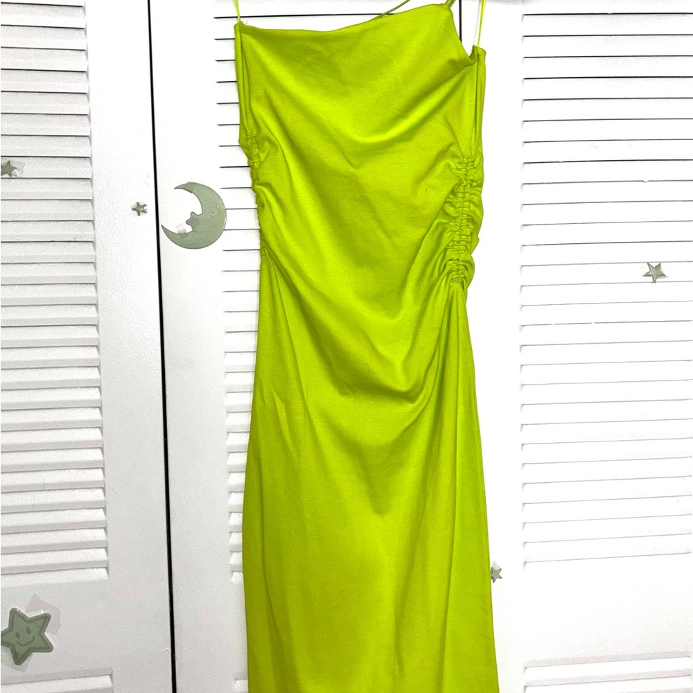Zara Green Ruched Asymmetrical Maxi Dress